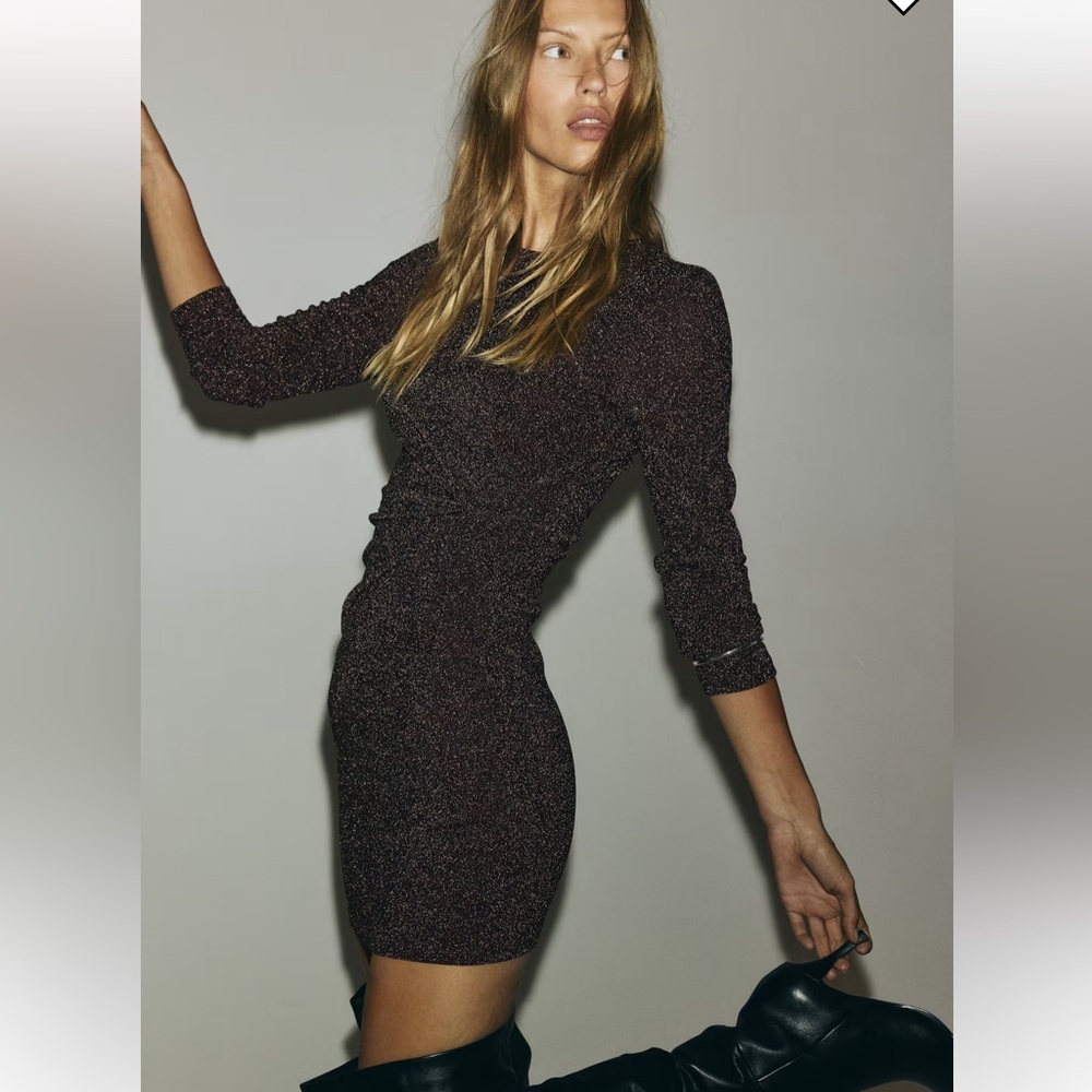 H&M Bronze Gold Glitter Long Sleeve Mini Dress Classy Rich Girl Size Medium